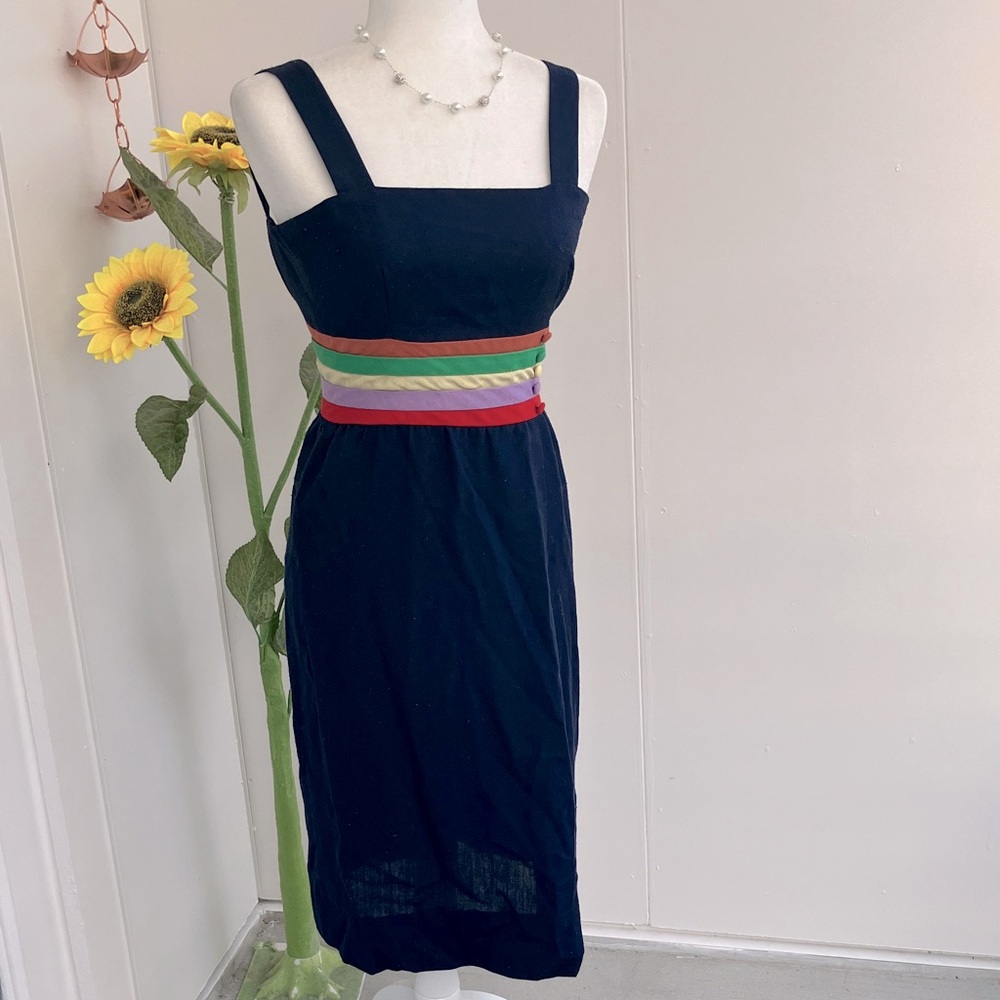 Vintage 70s Navy Pencil Midi Cocktail Dress with Rainbow Striped Waistband